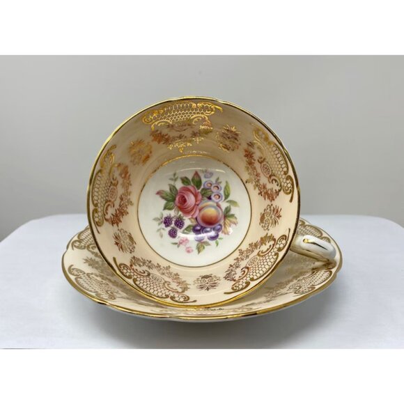 Vintage Paragon Footed Teacup and Saucer #D6851 Rose & Fruit Gold Gilded 1957 - Picture 1 of 16